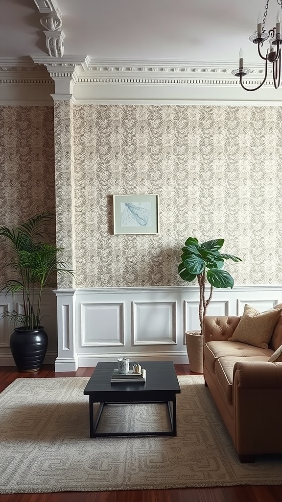 Living room with intricate wallpaper and wainscoting, featuring a cozy sofa and coffee table.