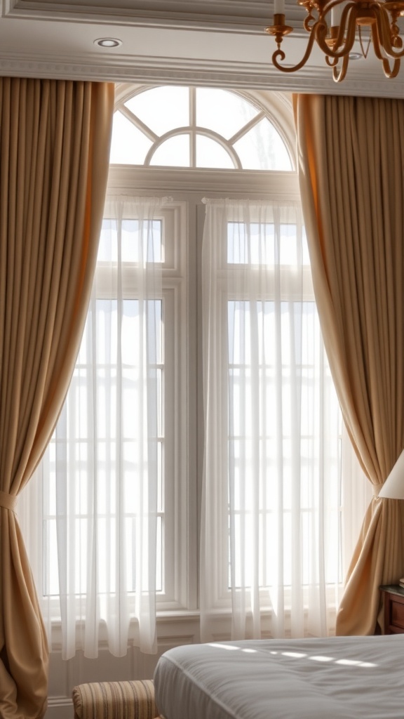 Elegant window treatments in a master bedroom featuring sheer and luxurious drapes.