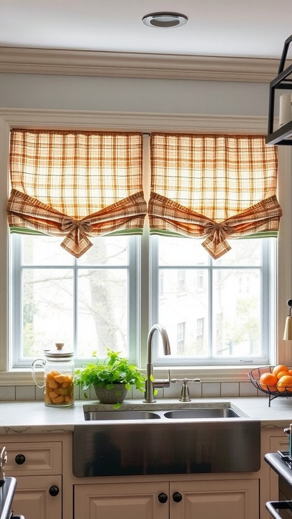 Kitchen with plaid window shades, stainless steel sink, and plants on the counter.