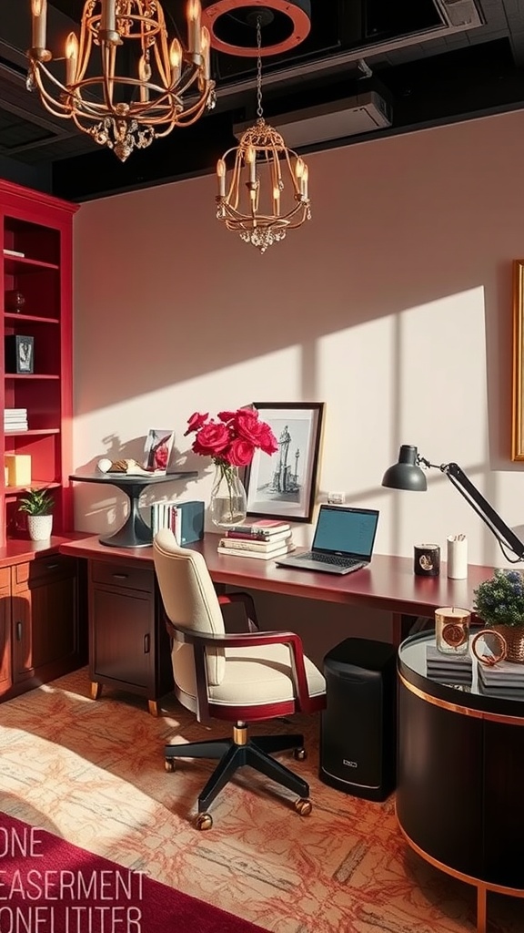 An elegant workspace featuring chandeliers, a deep red bookshelf, and a stylish desk with fresh flowers.