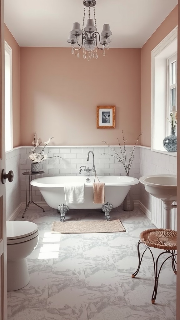 A vintage bathroom with a peach wall, freestanding tub, and classic decor.