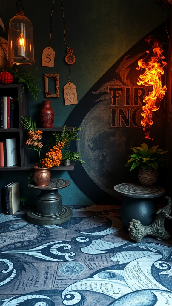 A whimsical goth bedroom featuring dark green walls, a faux flame, plants, and artistic tile flooring.