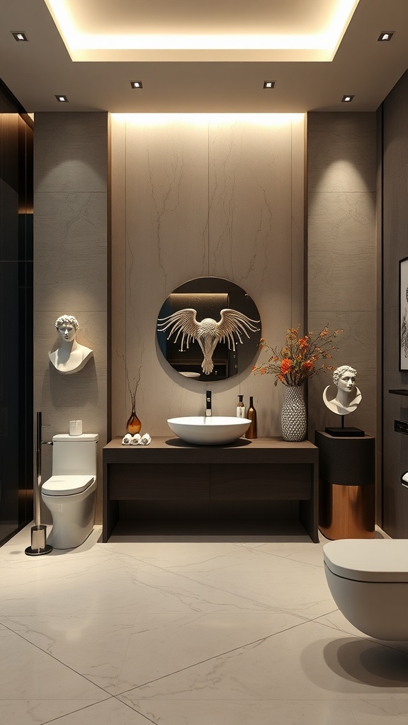 A modern bathroom featuring sculptures on the wall and a stylish circular mirror.