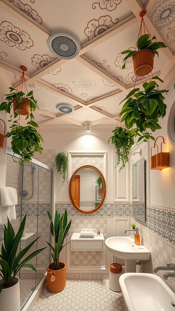 A beautifully decorated bathroom with a floral-patterned ceiling and hanging plants