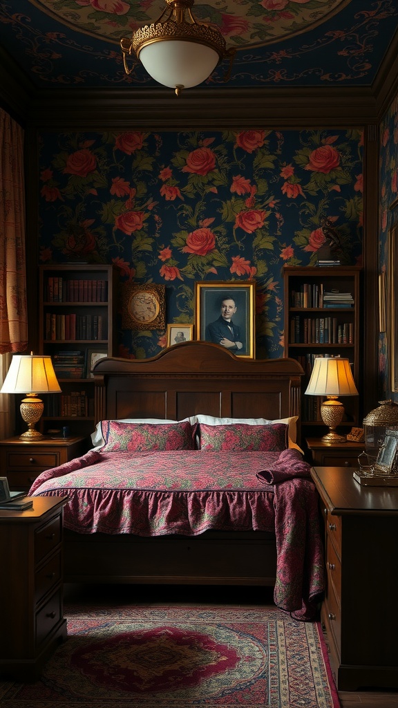A cozy bedroom with floral wallpaper, featuring a wooden bed frame, layered bedding, and warm lighting.