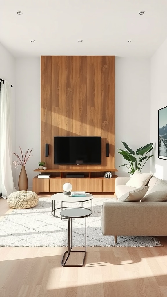 A minimalist living room featuring a wooden accent wall, light furniture, and a cozy atmosphere.