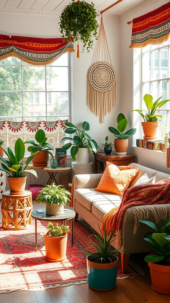 A cozy living room filled with houseplants, bright cushions, and bohemian decor