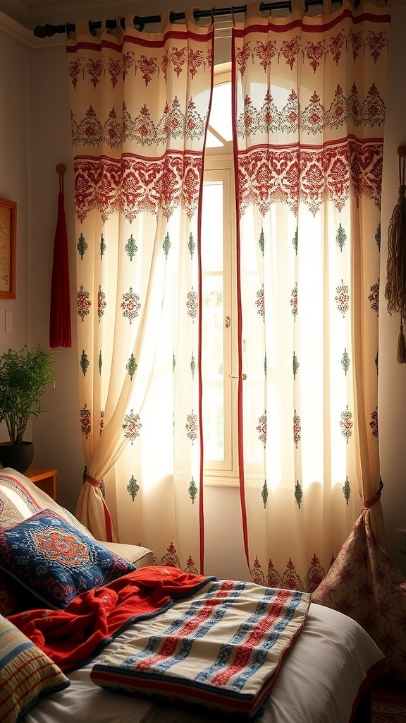 Light and airy embroidered sheer curtains in a boho bedroom, allowing natural light to filter through.