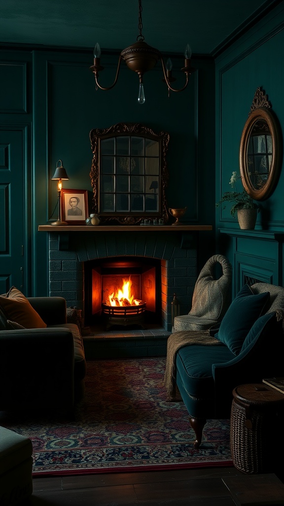 Cozy living room with deep green walls, vintage decor, and a glowing fireplace