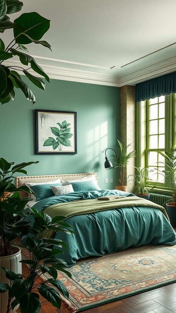 A serene bedroom featuring emerald green walls, cozy bedding, and lush plants