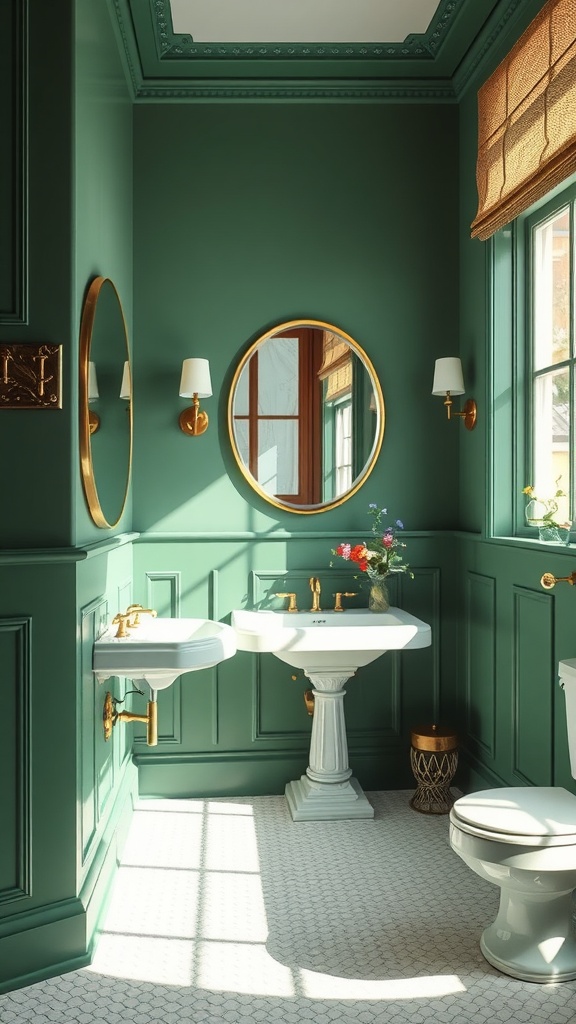 Emerald green bathroom with gold accents and natural light