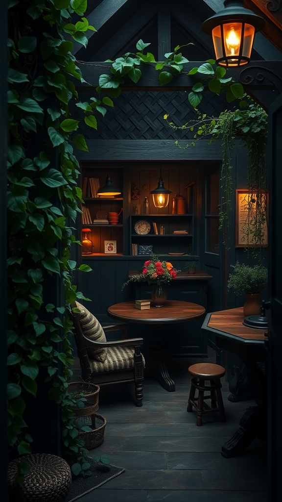 Interior of a cozy dark cottagecore room with green plants, warm lighting, and rustic furniture.