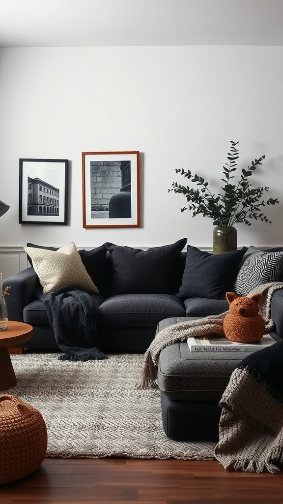 A cozy living room with a dark sofa, layered blankets, and decorative elements.