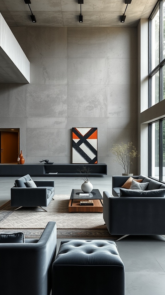 A modern Brutalist living room with concrete walls and dark velvet furniture, featuring a large window and artistic wall decor.