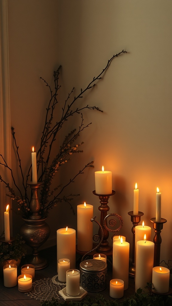 A cozy candle corner with various candles, decorative holders, and natural elements.