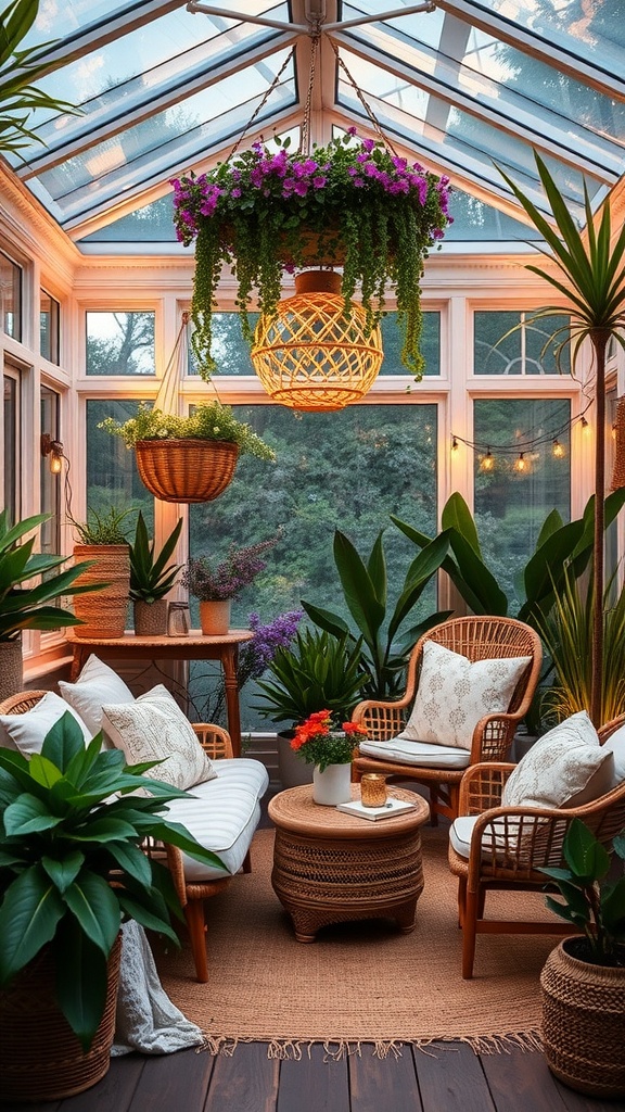 A cozy Boho style sunroom with rattan furniture, lush plants, and warm lighting
