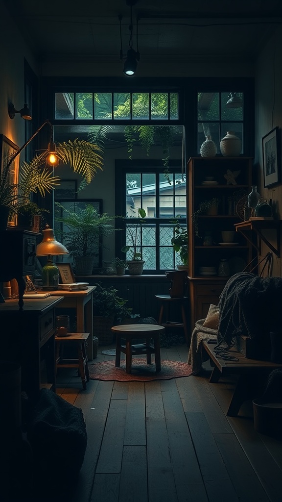 A cozy room with plants and warm lighting, showcasing dark cottagecore aesthetics.