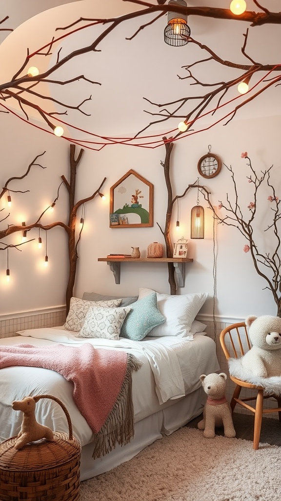 A fairy tale themed bedroom with branches, lights, and soft decor.