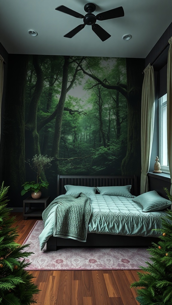 Cozy bedroom with an enchanted forest mural, dark wooden bed, and potted plants.