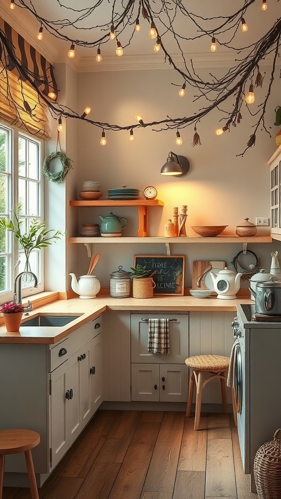 A cozy kitchen nook with warm lighting, wooden shelves, kitchenware, and a chalkboard.