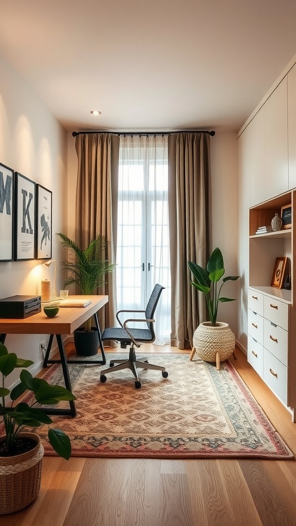 A stylish home office with a desk, chair, plants, and decorative curtains.