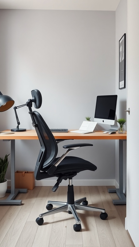 An ergonomic office chair in a small home office setting