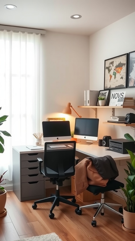 A cozy home office setup with ergonomic furniture, featuring a desk, chairs, and natural light.