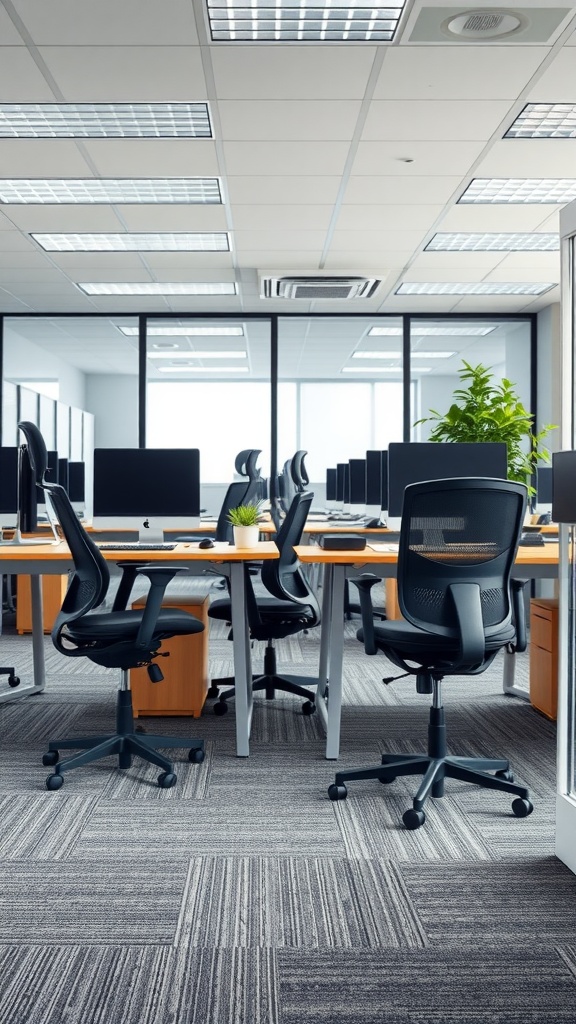 A modern ergonomic office layout featuring desks, supportive chairs, and plants, designed for comfort and productivity.
