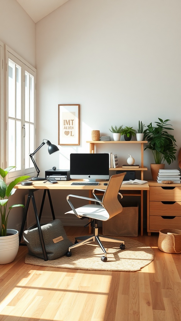 A cozy fall home office with natural light, plants, and organized workspace.