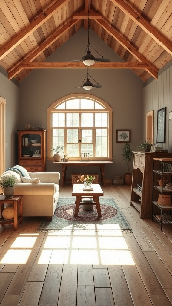 Cozy farmhouse living room with Escape Gray walls and wooden decor