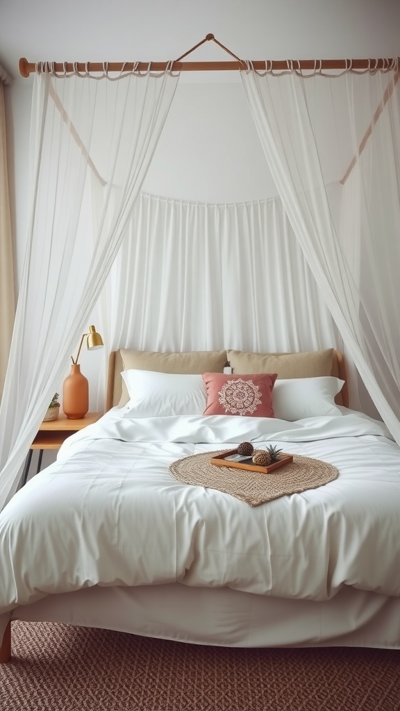 Serene Boho Bedroom with Canopy Bed featuring soft drapes and a cozy atmosphere