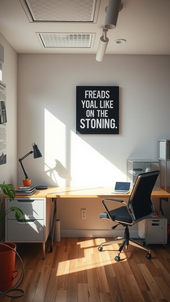 A bright and organized home office with a desk, chair, and a plant.