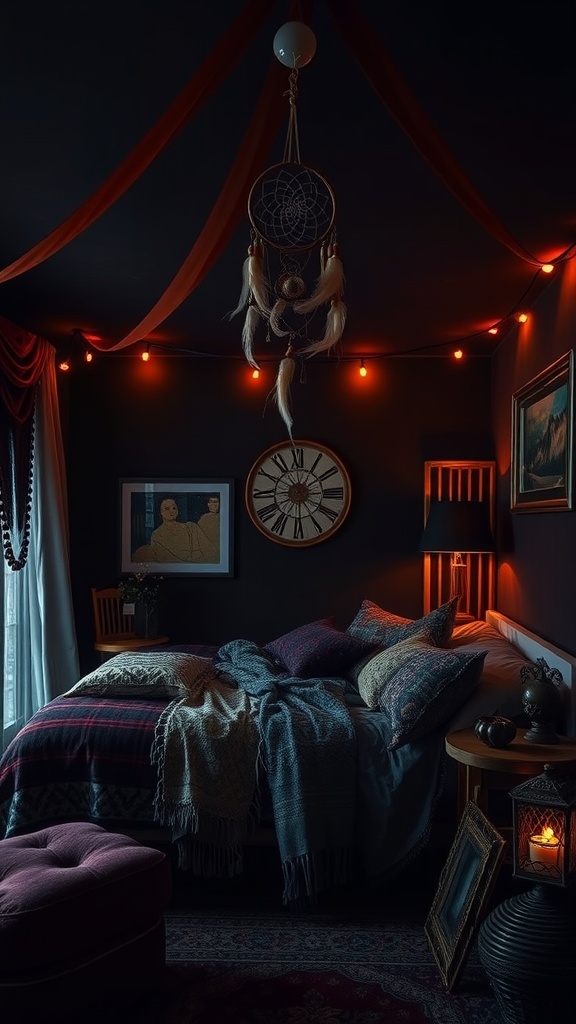 A cozy dark boho bedroom featuring soft lighting, rich colors, and layered textures.