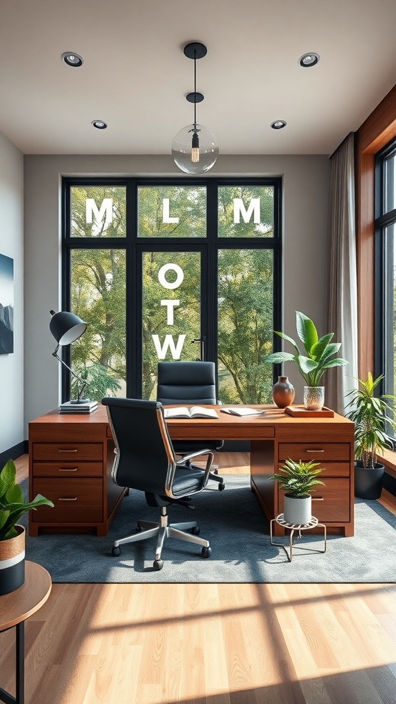 A modern executive home office featuring a wooden desk, ergonomic chair, plants, and large windows.