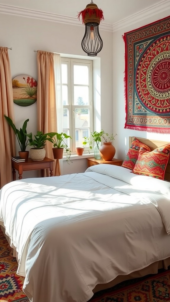 A bright bedroom featuring a vibrant tapestry, plants, and warm lighting.