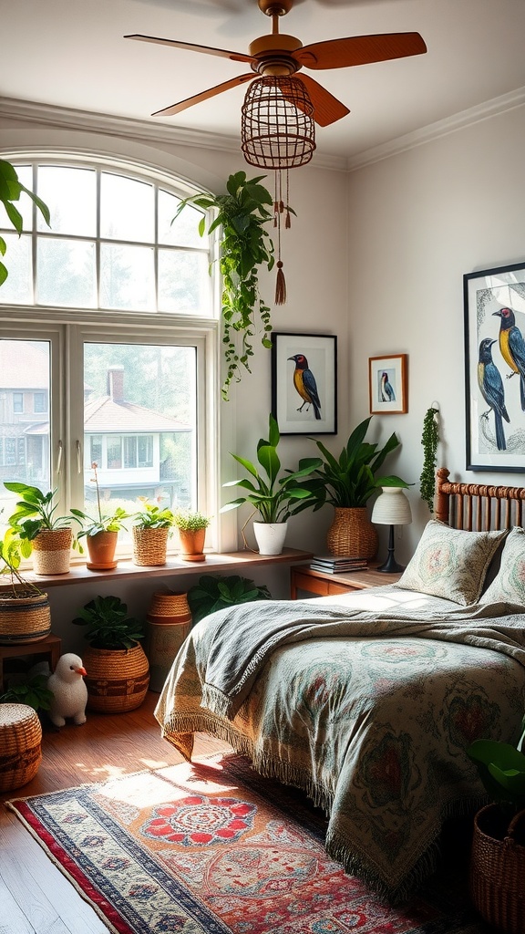 A cozy bedroom featuring exotic bird motifs on the walls, surrounded by lush greenery and woven baskets.