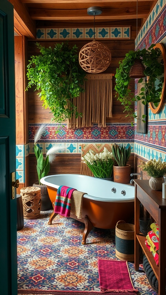 A cozy bohemian-style bathroom featuring a freestanding tub, hanging plants, colorful rugs, and warm wooden accents.