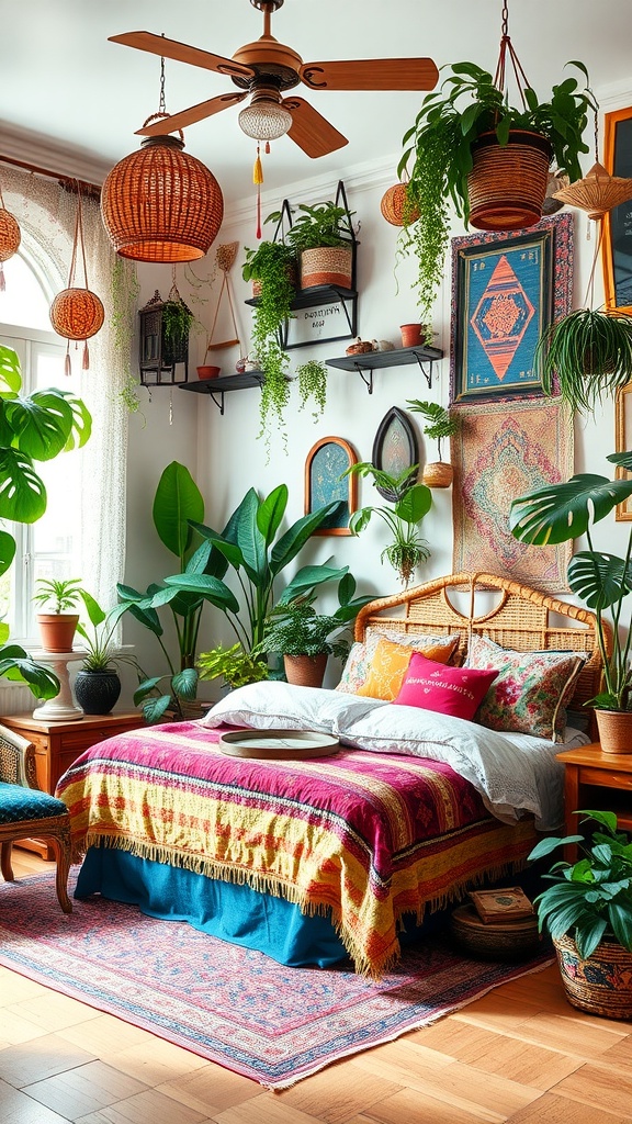 A cozy boho-style bedroom featuring a vibrant bedspread, lush plants, and warm lighting.