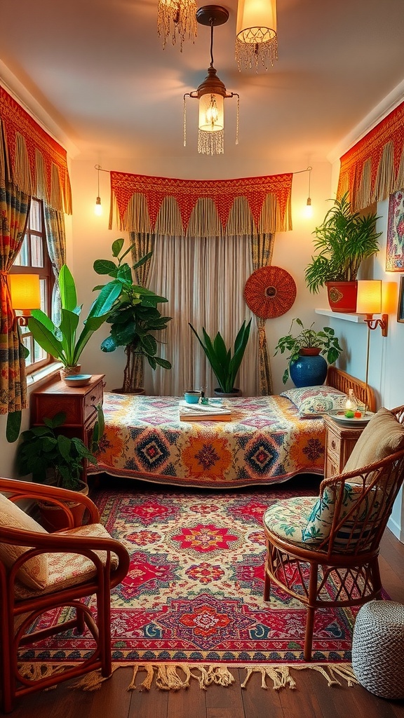 A cozy boho style bedroom featuring vibrant bedding, a colorful rug, plants, and warm lighting.