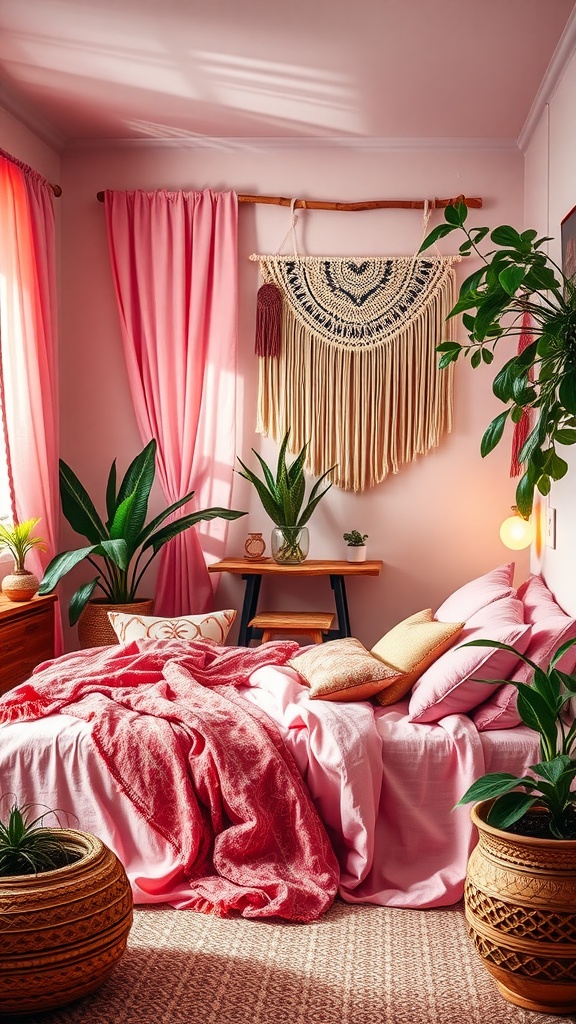 A pink boho style bedroom with a cozy bed, plants, and a woven wall hanging.