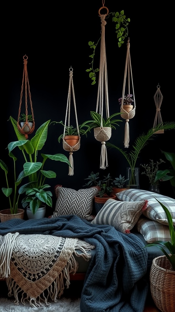 A cozy bedroom corner filled with various plants, macramé hangers, and textured blankets.