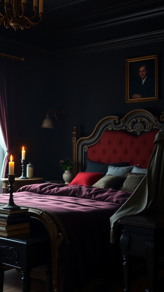 A dark, elegant bedroom featuring velvet bedding and rich decor.