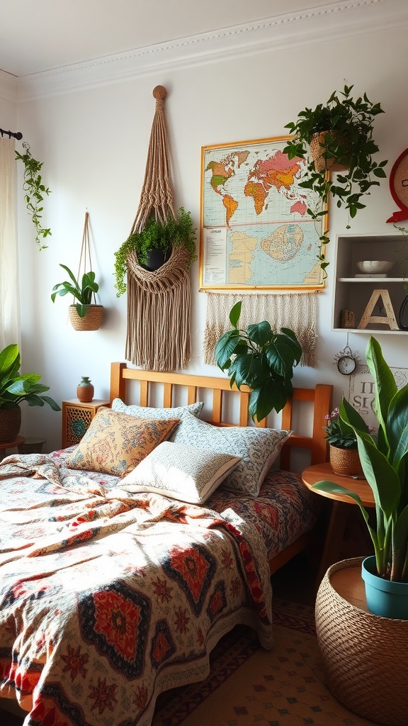 Cozy bohemian bedroom with wooden bed, colorful bedding, plants, and wall map decor