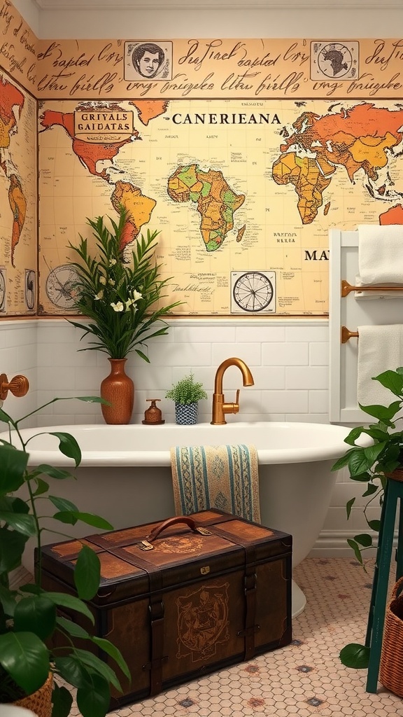 A dream bathroom with map wallpaper, a vintage suitcase, and a modern bathtub.
