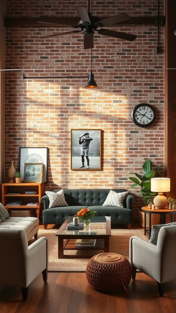 A cozy industrial living room featuring exposed brick walls, modern furniture, and decorative elements.
