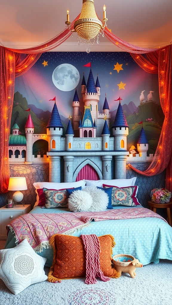 A magical boho bedroom with a castle mural, cozy bedding, and decorative pillows.