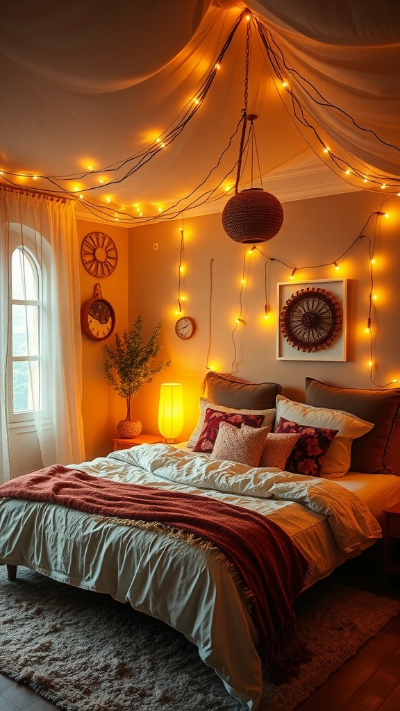 A cozy bedroom with fairy lights draped from the ceiling, featuring warm earth tones and bohemian decor.