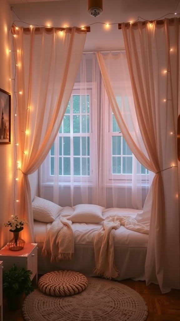 A cozy small bedroom decorated with fairy lights and soft drapes, featuring a bed, round rug, and potted plants.