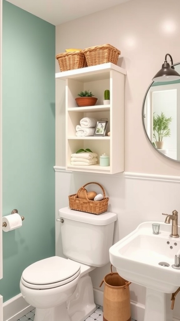 A family-friendly aesthetic bathroom with teal walls, wooden shelves, and practical storage solutions.