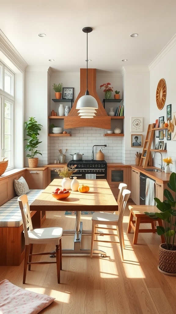 Cozy kitchen nook with wooden furniture, natural light, and a fruit centerpiece